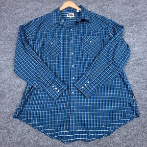 Ely Cattleman Western Pearl Snap Shirt Long Sleeve 2XL Blue Plaid‎ Cowboy Rodeo